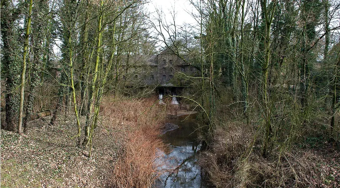 Der Rotbach am Haus Wohnung an der letzten Wassermühle vor der Mündung in den Rhein (Aufnahme von 2010).